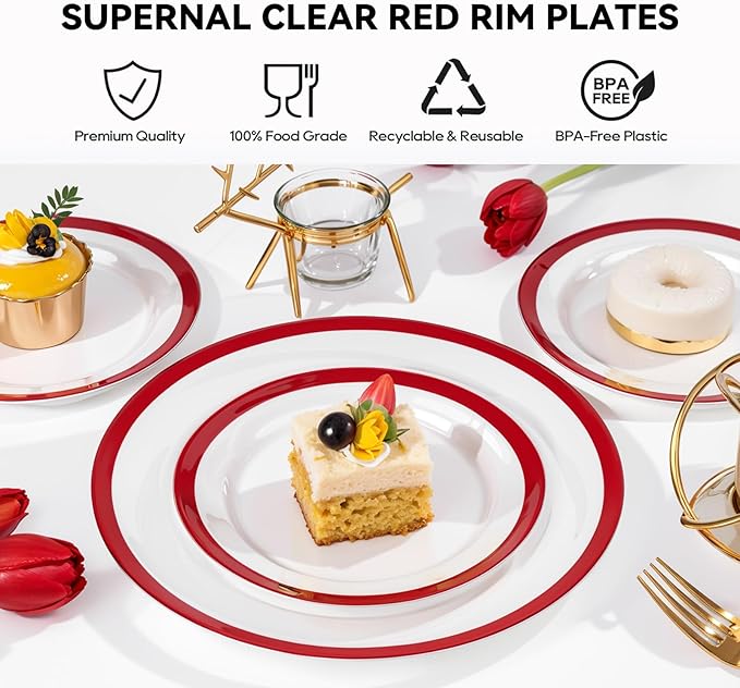 supernal 120pcs Clear and Red Plastic Plates Disposable Heavy Duty Fancy Unique Red Disposable Dinnerware Include Dinner and Dessert Size Perfect for Valentine's Day Party and Wedding