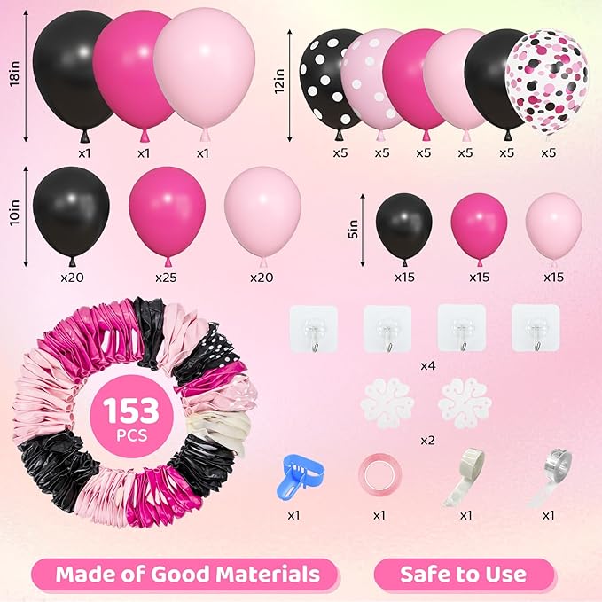 Amandir 153pcs Pink Black Balloon Garland Arch Kit, Different Sizes 18 12 10 5 inch Pink Black Latex Dot Confetti Balloons for Girl Cartoon Mouse Birthday Party Decoration
