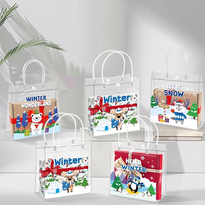 H1vojoxo Polar Animals Gift Bags - 24PCS Winter Polar Animals Clear PVC Gift Bags with Handle Let it Snow Reusable PVC Plastic Transparent Waterproof Tote Bag for Winter Birthday Party Supplies
