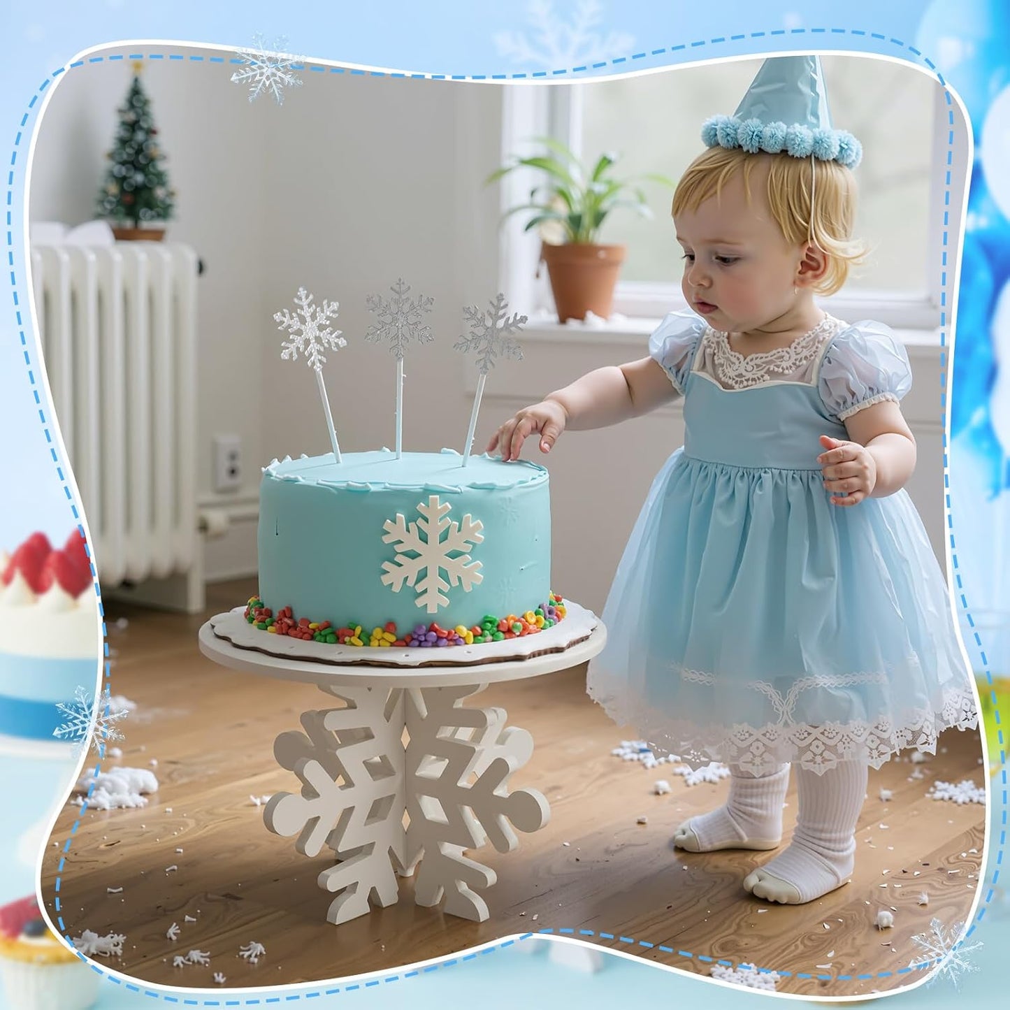 Lallisa 12" Snowflake Frozen Cake Stand White 3D Snowflake PVC Cake Decorations with Engraved Snow Themed Holder Winter Dessert Stand Centerpieces for Winter Birthday Christmas Frozen Party Supplies