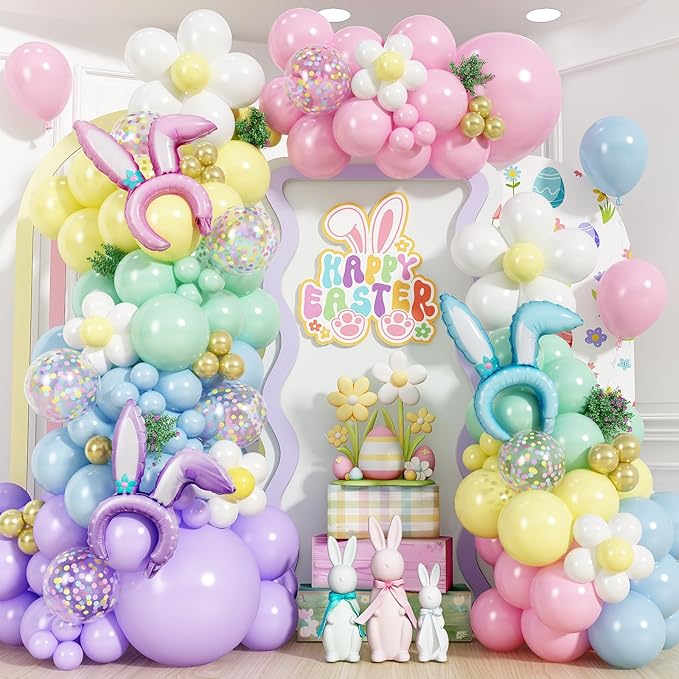 155pcs Easter Balloon Arch, Pastel Rainbow Balloon Garland with Bunny Ears Foil Balloons, Pink Purple Yellow Green Blue White Gold Confetti Balloons for Easter Spring Baby Shower Birthday Decorations