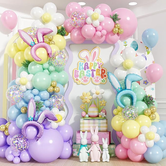155pcs Easter Balloon Arch, Pastel Rainbow Balloon Garland with Bunny Ears Foil Balloons, Pink Purple Yellow Green Blue White Gold Confetti Balloons for Easter Spring Baby Shower Birthday Decorations