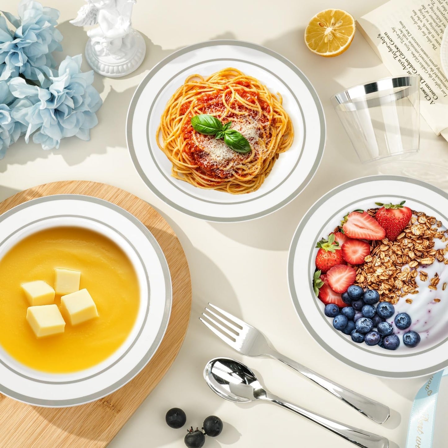 BESTVIP 200 Pack Plastic Bowls with Silver Rim, 12 oz Disposable Soup Bowls, Heavy-duty Dessert Fruit Bowl for Party, Wedding, Christmas, Thanksgiving, Dinner Catering