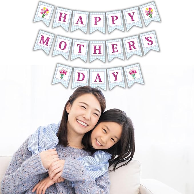 Happy Mother's Day Banner Set Decoration for Mother's Day Party Decorations Backdrop Garland for Mom Glitter Garland Photo Props (Blue Tulip)