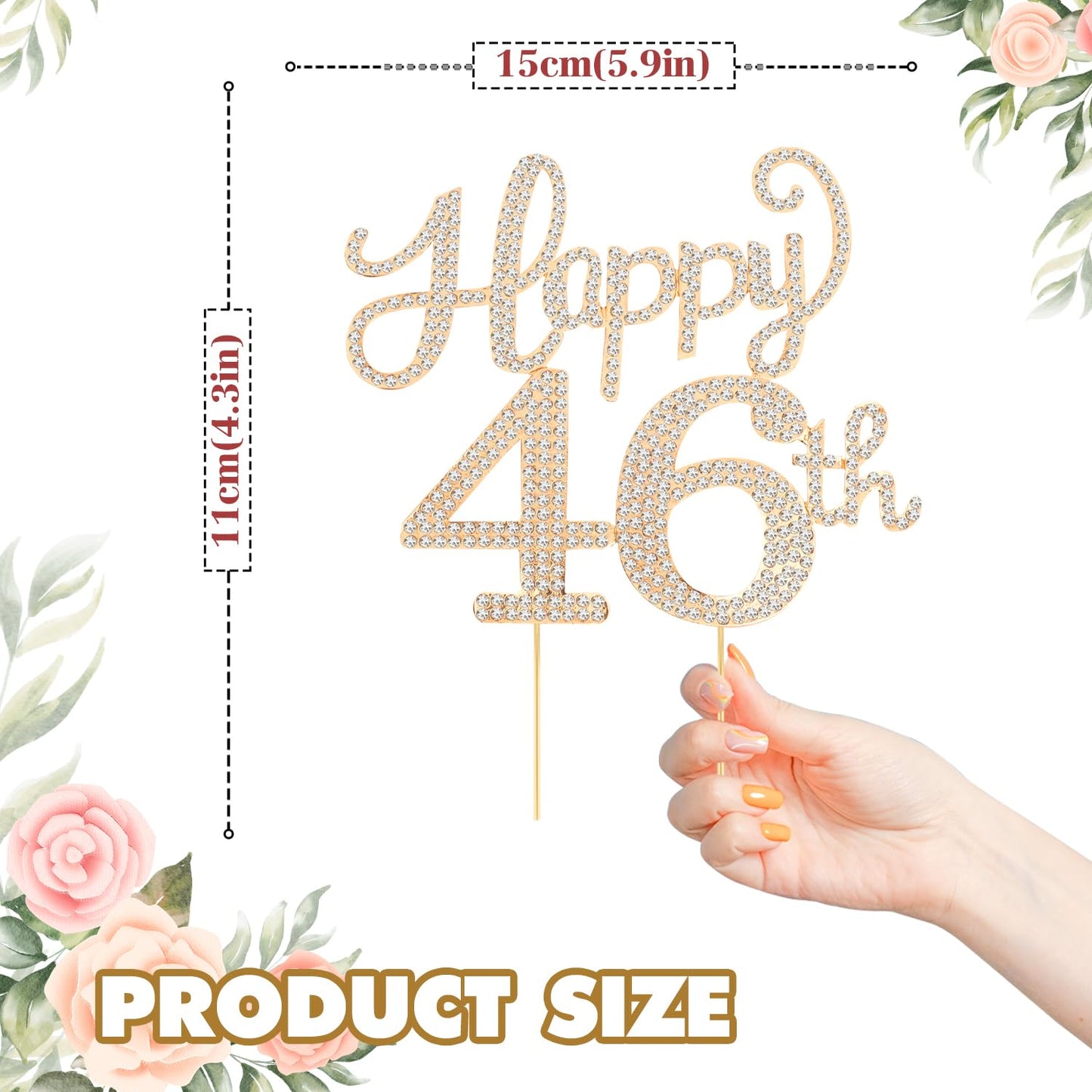 Happy 46th Birthday Decorations,46th Birthday Gold Rhinestone Cake Topper - Cheers to 46 Years Old Bday Party Metal Sparkly Cake Centerpieces Sign.
