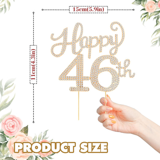 Happy 46th Birthday Decorations,46th Birthday Gold Rhinestone Cake Topper - Cheers to 46 Years Old Bday Party Metal Sparkly Cake Centerpieces Sign.