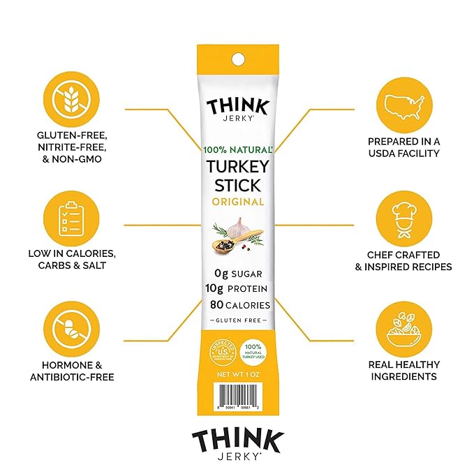 Think Jerky All-Natural Turkey Sticks, Gluten and Sugar Free, No Nitrates, Keto Paleo Friendly High Protein Low Carb Meat Snack - 1.0 oz Sticks, 20 Pack