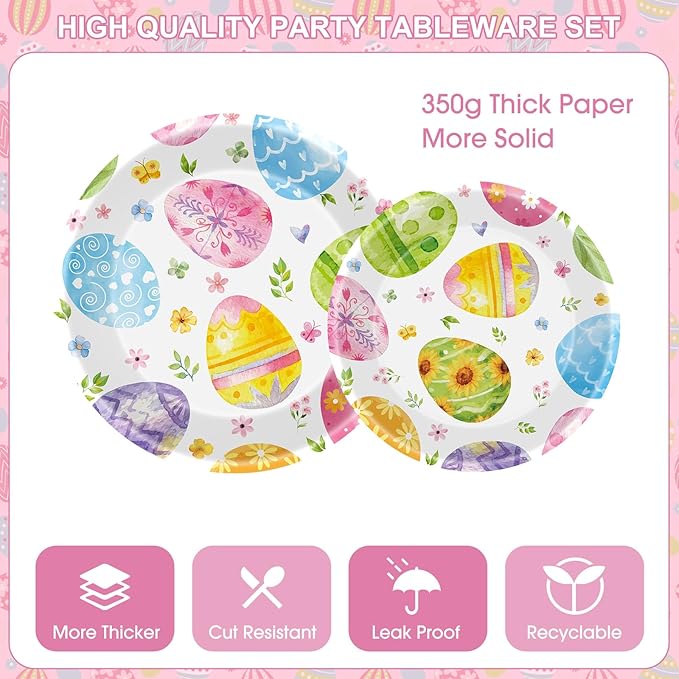 102 Pcs Easter Party Decorations Set - Spring Watercolor Eggs Paper Plates and Napkins Kit, Includes Happy Easter Banner, Plates, Napkins, Cups, Plastic Tablecloth for Easters Supplies Table Decor