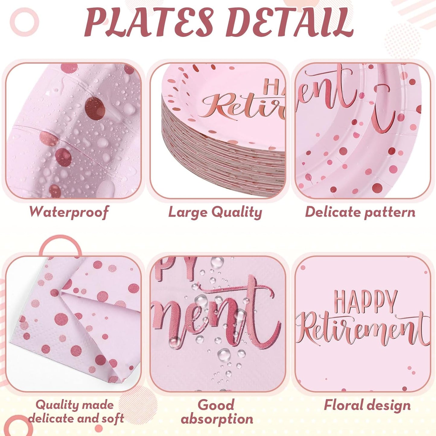 Pickmesh 192 Pcs Retirement Party Decorations Happy Retirement Paper Plates and Napkins Set with Cups and Knife Fork Spoon,Farewell Party Disposable Tableware for 24 Guest Women Men(Pink)