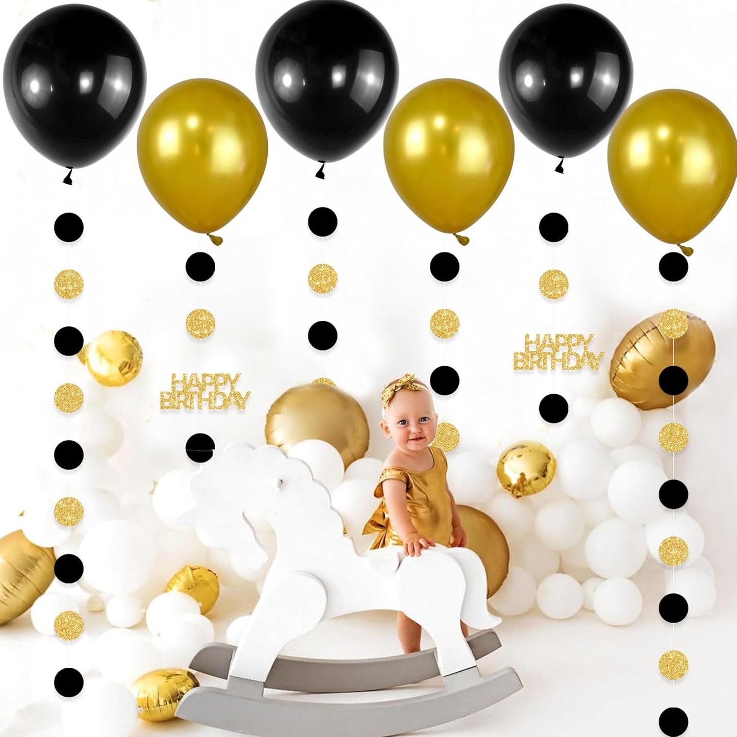 Gold and Black Happy Birthday Decorations, 6PCS Glittery Circle Dots Garland and 6PCS Gold/Black Balloons for Birthday Party Decor Balloon Tails