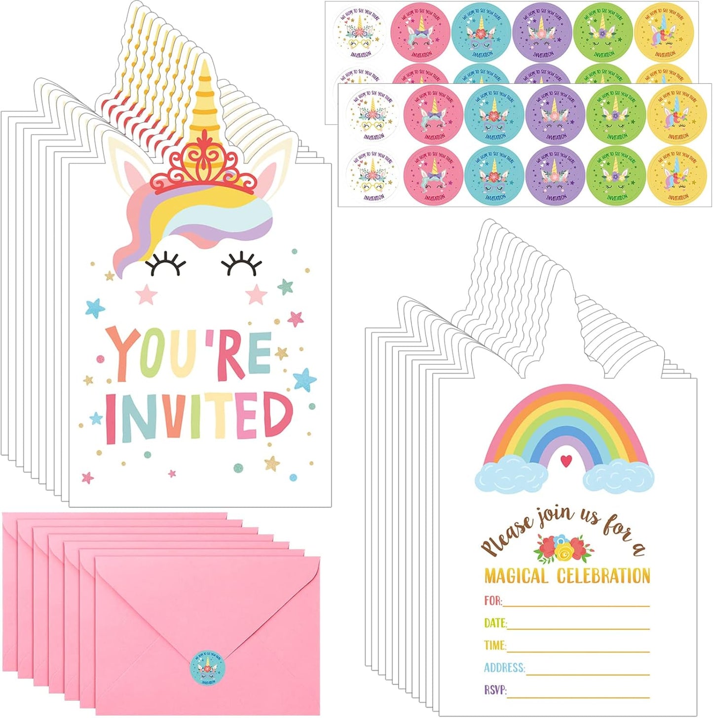 Hotop 24 Sets Unicorn Birthday Invitations with Envelopes and Stickers FOR GIRLS Party Invitations for Kids Birthday Baby Shower Party