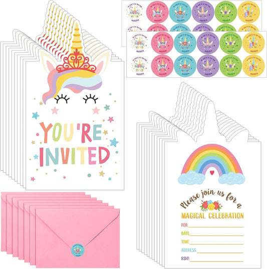 Hotop 24 Sets Unicorn Birthday Invitations with Envelopes and Stickers FOR GIRLS Party Invitations for Kids Birthday Baby Shower Party