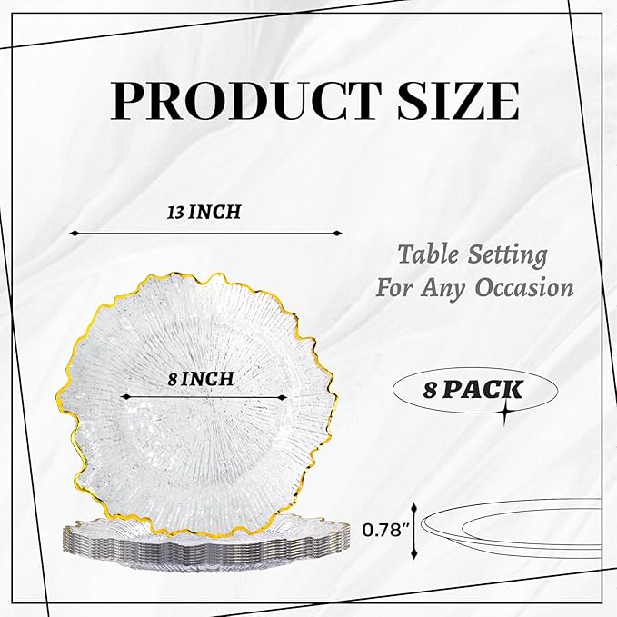 MAONAME 13" Clear Charger Plates, Round Reef Chargers for Dinner Plates, Plastic Plate Chargers for Table Setting, Wedding Decor, Set of 8
