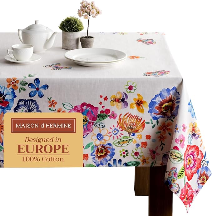 Maison d' Hermine Table Cloth Rectangle Table 100% Cotton 70 x 120 Inches Tablecloth Reusable Decorative for Dining Room Farmhouse Valentines Day Decorations Spring Summer- Happy Florals - High Summer