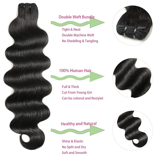 Human Hair Bundles 12A Body Wave Bundles Human Hair 100% Unprocessed Brazilian Virgin Hair 24 26 28 Inch 3 Bundles Double Weft Hair Extensions for Black Women Natural Black