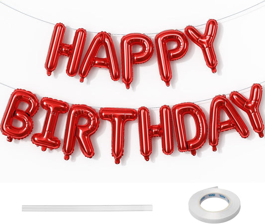 Red Happy Birthday Balloons Letters, 16 Inch Reusable Banner, Self Inflating Foil Bunting for Women Men Boys Girls Party Decorations Supplies