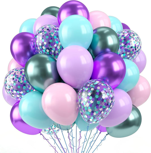 Paready Mermaid Balloons Set, 60Pcs Metallic Green Purple Balloons, 12Inch Pink Purple Balloon Purple Teal Blue Confetti Balloon for Girls Birthday Baby Shower Mermaid Themed Wedding Party Decorations