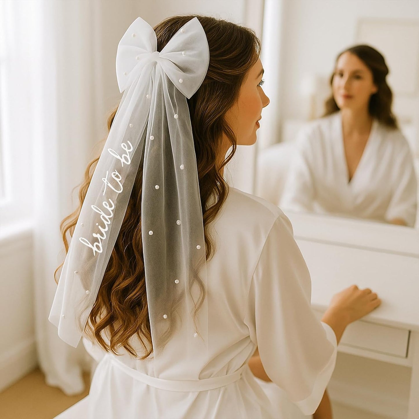 Bride to Be Bow Veil with Pearls, TWPER White Bridal Hair Bow Clip with Veil for Bachelorette Party, Bridal Shower, Wedding Morning, Engagement Photo Accessory