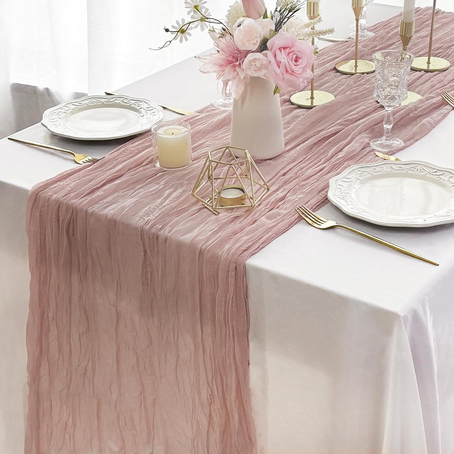 FEXIA Dusty Pink Cheesecloth Mothers Day Spring Table Runner 35x120 Inches Boho Gauze Table Runner for Wedding Party Baby Shower Engagement Decor