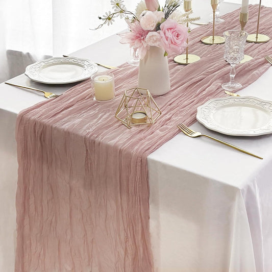 FEXIA Dusty Pink Cheesecloth Mothers Day Spring Table Runner 35x120 Inches Boho Gauze Table Runner for Wedding Party Baby Shower Engagement Decor