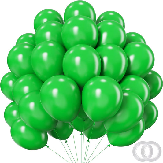 Green Balloons - 12 inch 100pcs Latex - Round Green Birthday Balloons with 2 Ribbons for Birthday, Dinosaur, Jungle, Christmas, Baby Shower Party Decorations