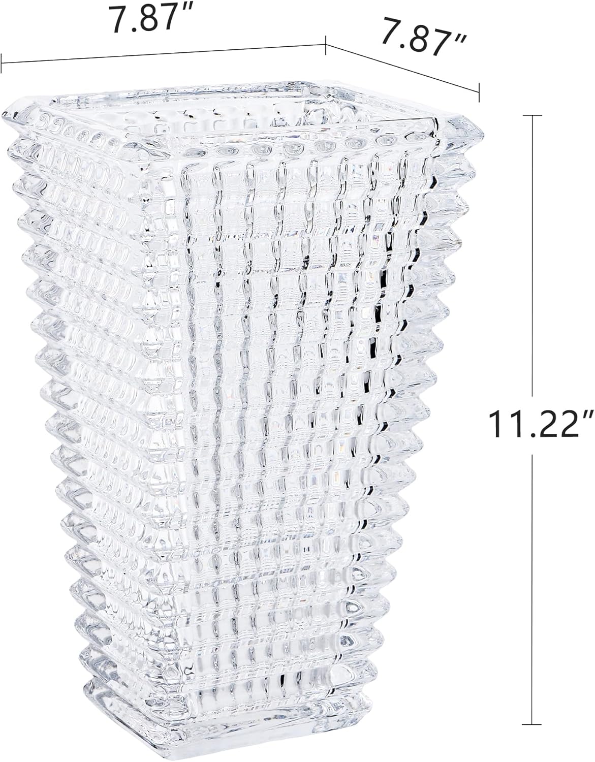 VECELO Crystal Glass Vase for Flowers, 11 Inch Clear Decorative Centerpiece Vase, Modern Square Textured Flower Vase for Dining Table, Wedding, Living Room, Office Decor