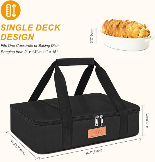 BBV Insulated Casserole Carrier for Hot or Cold Food, Food Warmer Bag Fits 9"x13" Baking Dish, Durable Nylon Leak Proof Food Containers for Travel, Potluck, Parties, Picnic, Cookouts (Black)