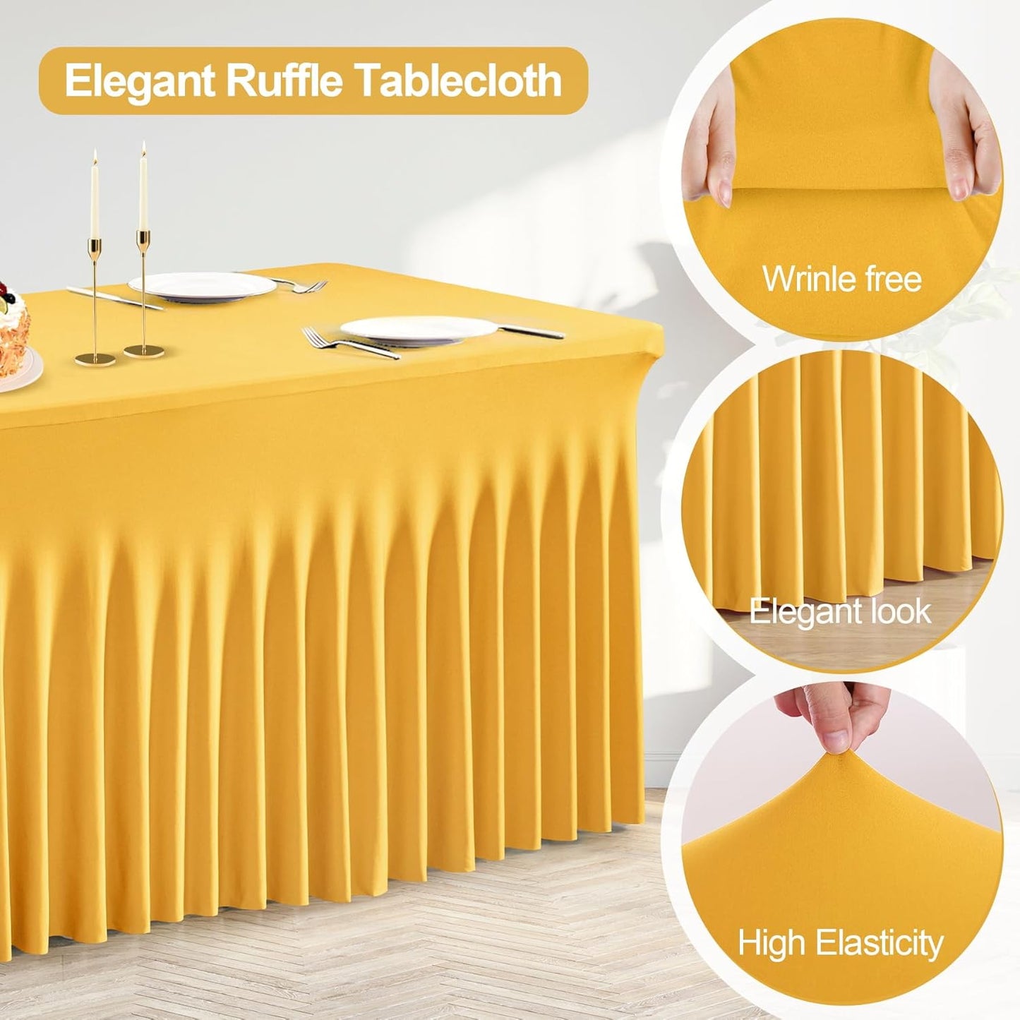 PARTISKY Golden Spandex Tablecloth for 4ft Rectangle Tables, Stretchable Table Cover Skirt for Folding Tables Weddings Parties Banquets Events Trade Shows and Dessert Table
