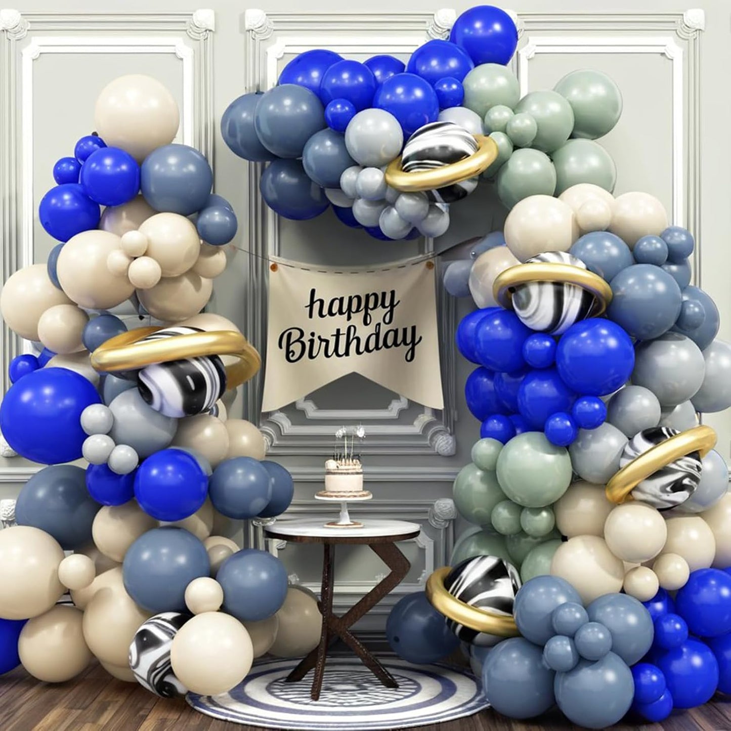 First Trip Around The Sun Balloons Arch Outer Space Astronauts Birthday Party Decorations Royal Blue Gray Beige Dusty Green White Gold Long Balloons Onyx Black Latex Helium Balloon