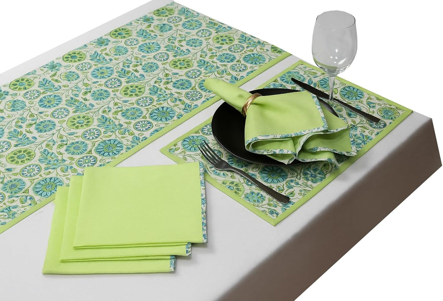 Touchstone Indtresor Indian Heritage Fabric Cotton Table Linen Reversible Set Runner Napkins Mats in Blue Green