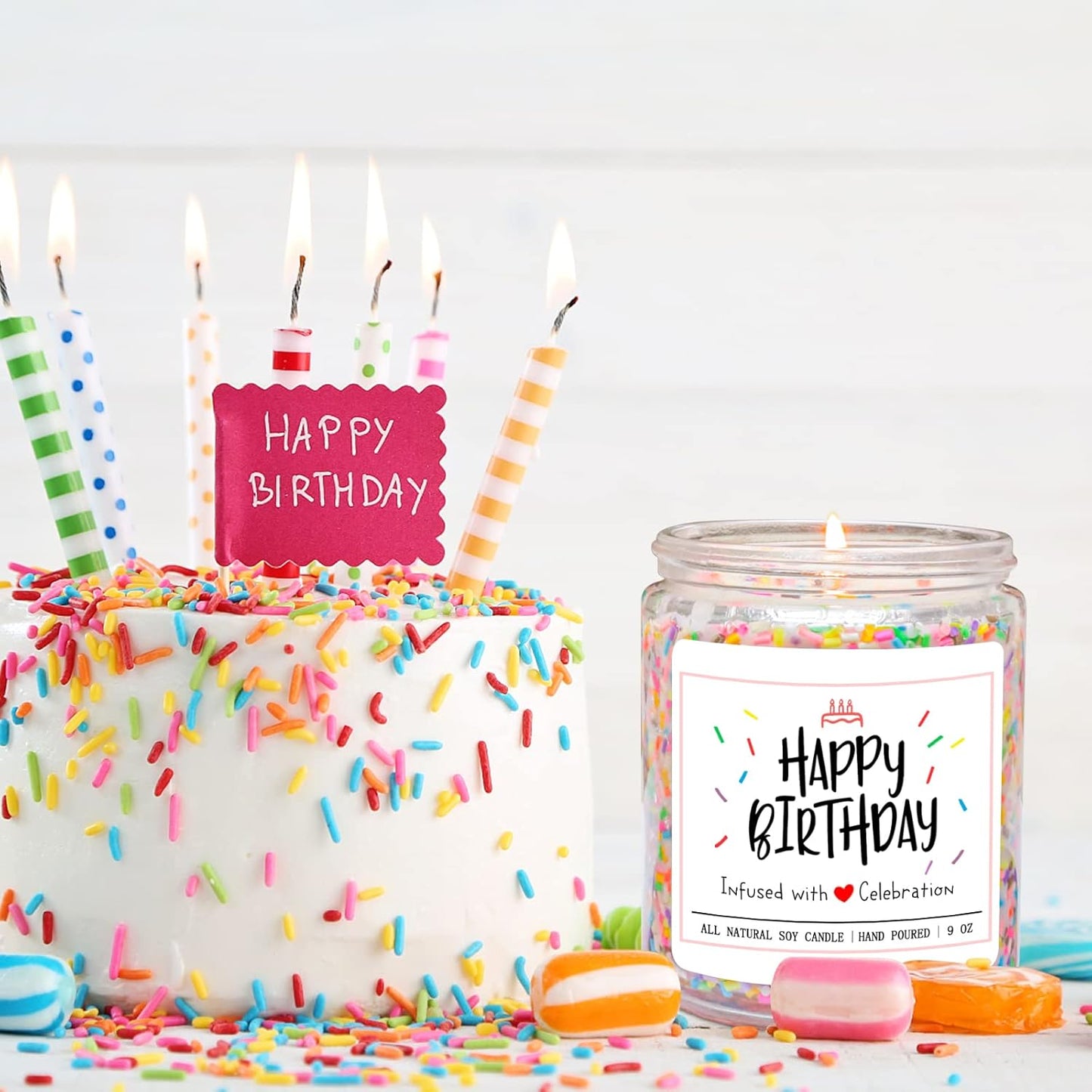 Homsolver Happy Birthday Gifts for Women Men, Vanilla Cream Scent with Sprinkles Candy Birthday Candles, Unique Best Friend Idea Gifts for her, Handmade Candle Decor