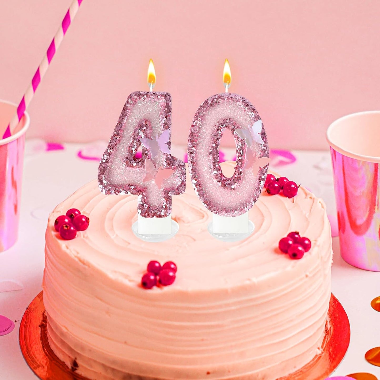 40Th Birthday Candles，Glitter Butterfly Cake Toppers Pink Sequins Wedding Numeral Cupcake Decorations，Suitable for Girl and Boy Wedding Cakes, Party Celebrations, Birthday Decorations (40)