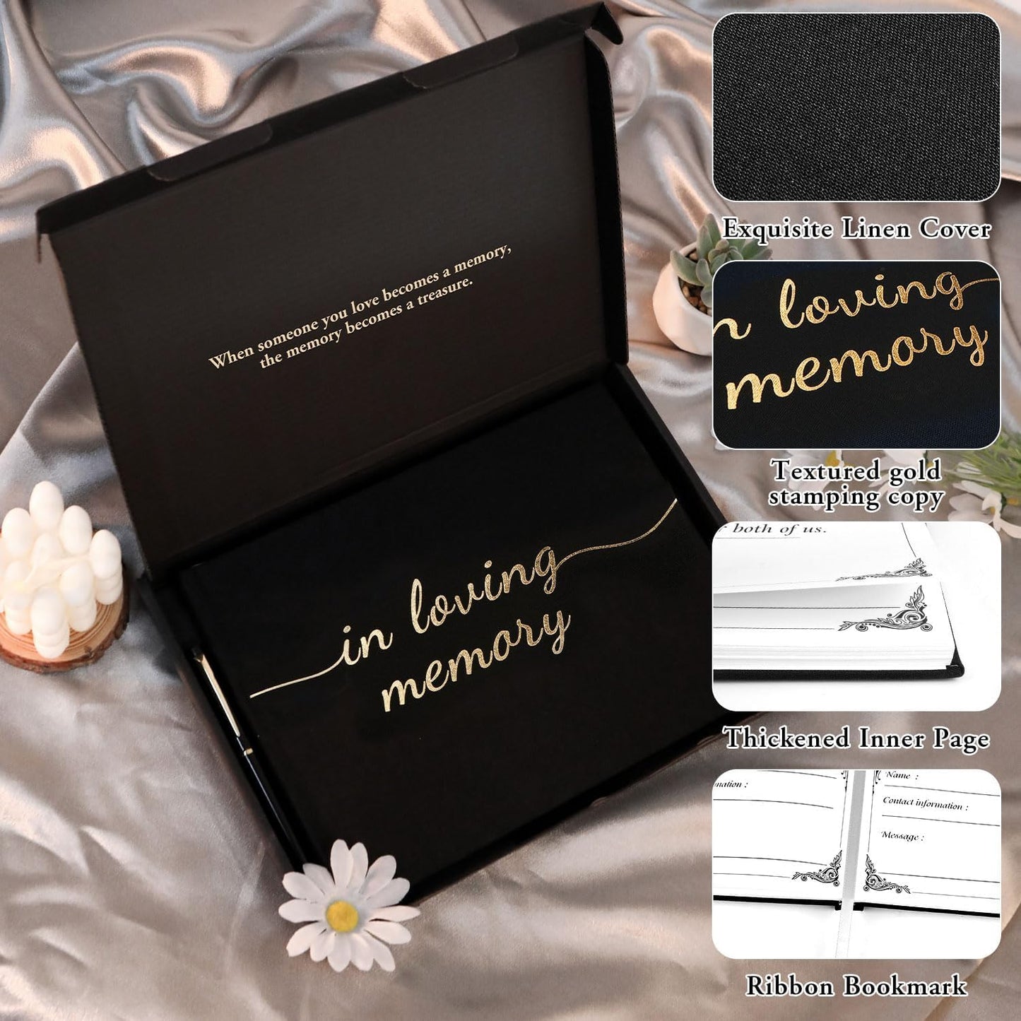 Funeral Guest Book for Memorial Service, in Loving Memory Guest Book with Table Sign, Pen and Box, Guest Sign in Book for Funeral Service, Elegant Black Memorial Books for Celebration of Life