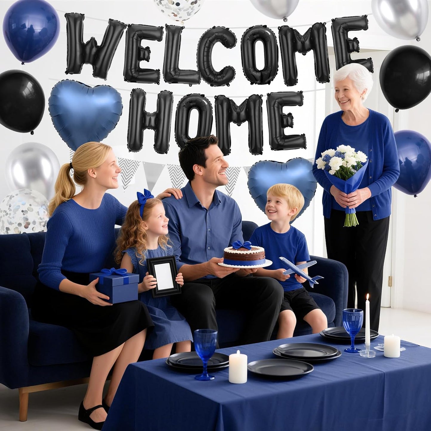 Welcome Home Decorations Black Blue Silver,Black Welcome Home Foil Balloon Banner with Navy Blue Heart Balloons Pennant Flag Bunting for Housewarming Baby Shower Family Party Supplies