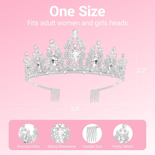 Birthday Tiara and Crown with Sash, Birthday Tiara for Women Party (Silver)