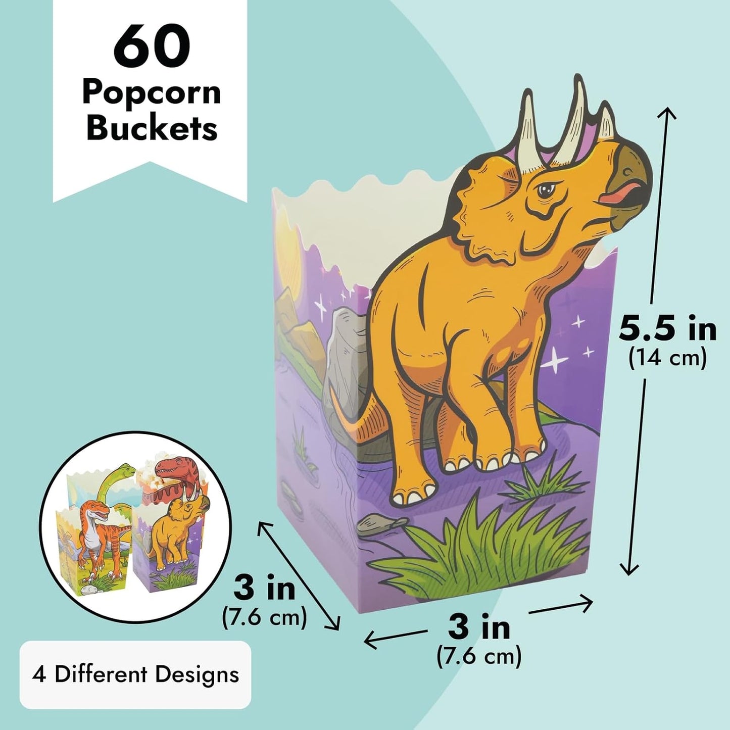 BLUE PANDA Dinosaur Popcorn Boxes - 60 Pack, Multicolor, 4 Designs - Bulk Popcorn Boxes for Dinosaur Birthday Party Supply & Reusable Snack Holder