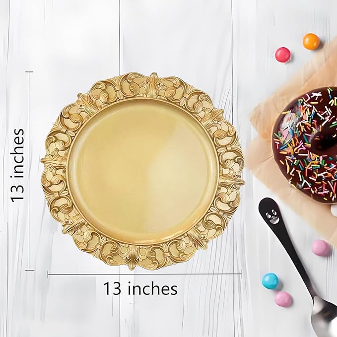 6 Pack Gold Charger Plates 13" Round Charger Plates for Dinning Plates with Embossed Rim Plastic Charger for Dinner, Wedding, Elegant Tableware Decor