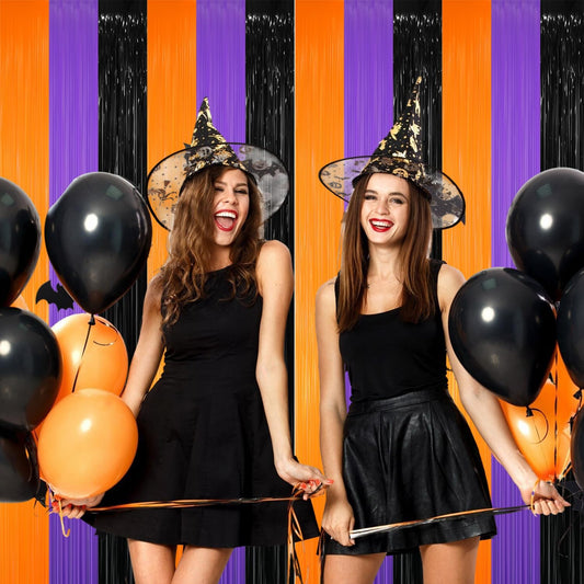 GOER 3.2 ft x 8.2 ft Metallic Tinsel Foil Fringe Curtains for Halloween Birthday Graduation New Year's Party Decorations(1 Pack,Black&Orange&Purple)