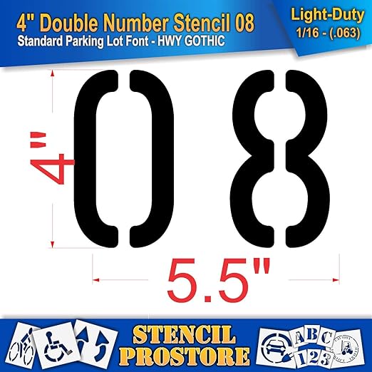Pavement, Curb, and WheelStop Stencils - 4 inch Double Number Stencil - (08) - 4" x 5.5" x 1/16" (63 mil) - Light-Duty