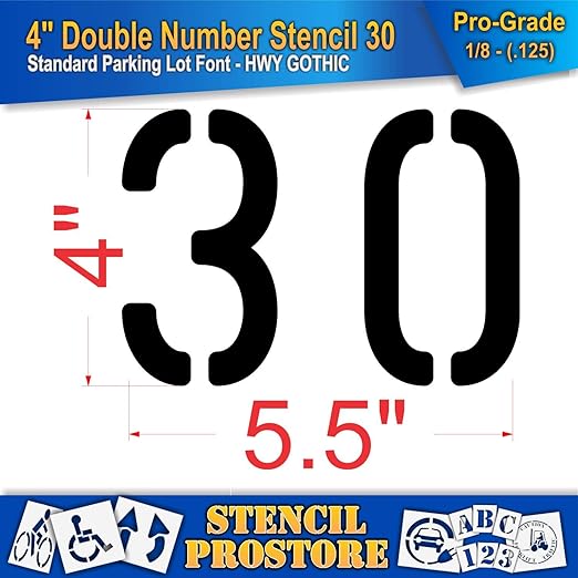 Pavement, Curb, and WheelStop Stencils - 4 inch Double Number Stencil - (30) - 4" x 5.5" x 1/8" (128 mil) - Pro-Grade