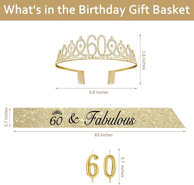 60th Birthday Decorations for Women Gold with Sash and Tiara, Gold Number Candles, 60th Birthday Gifts for Women