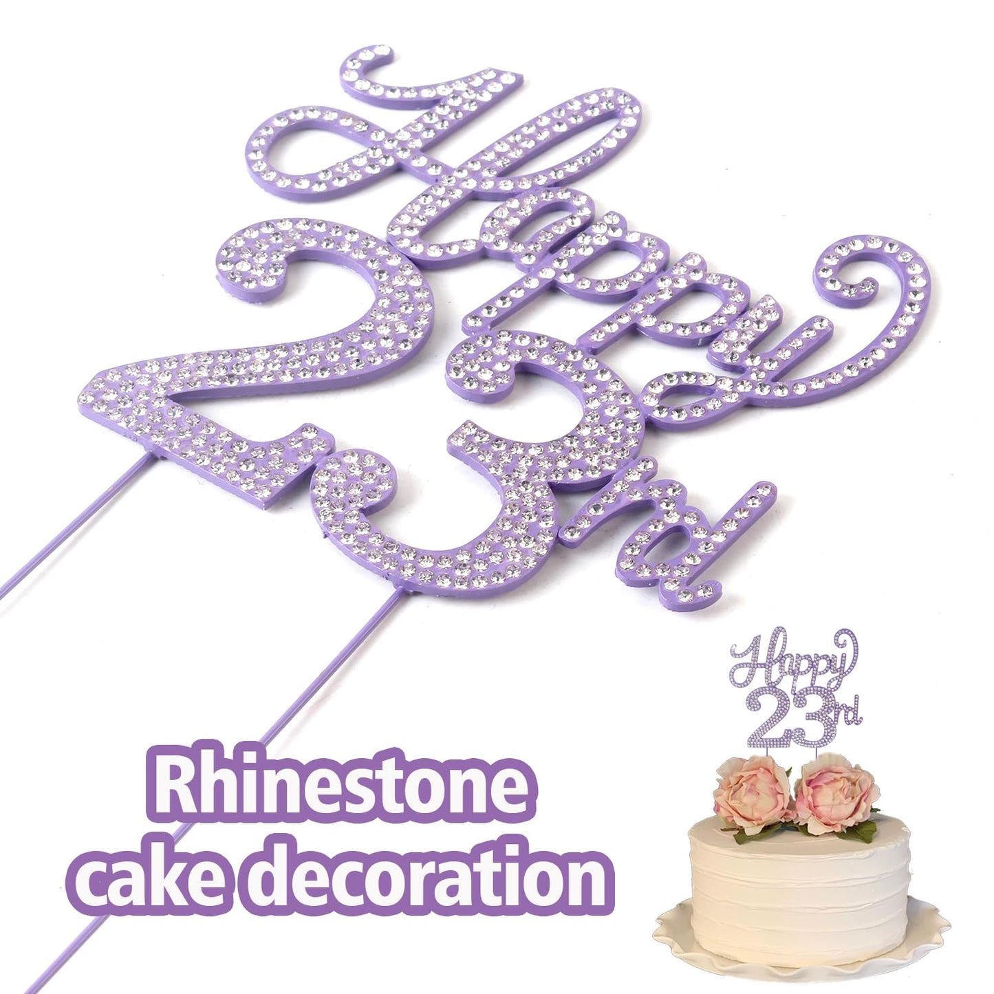 LASKYER Happy 23rd Birthday Decorations,23rd Birthday Purple Rhinestone Cake Topper - Cheers to 23 Years Old Bday Party Metal Sparkly Cake Centerpieces Sign.