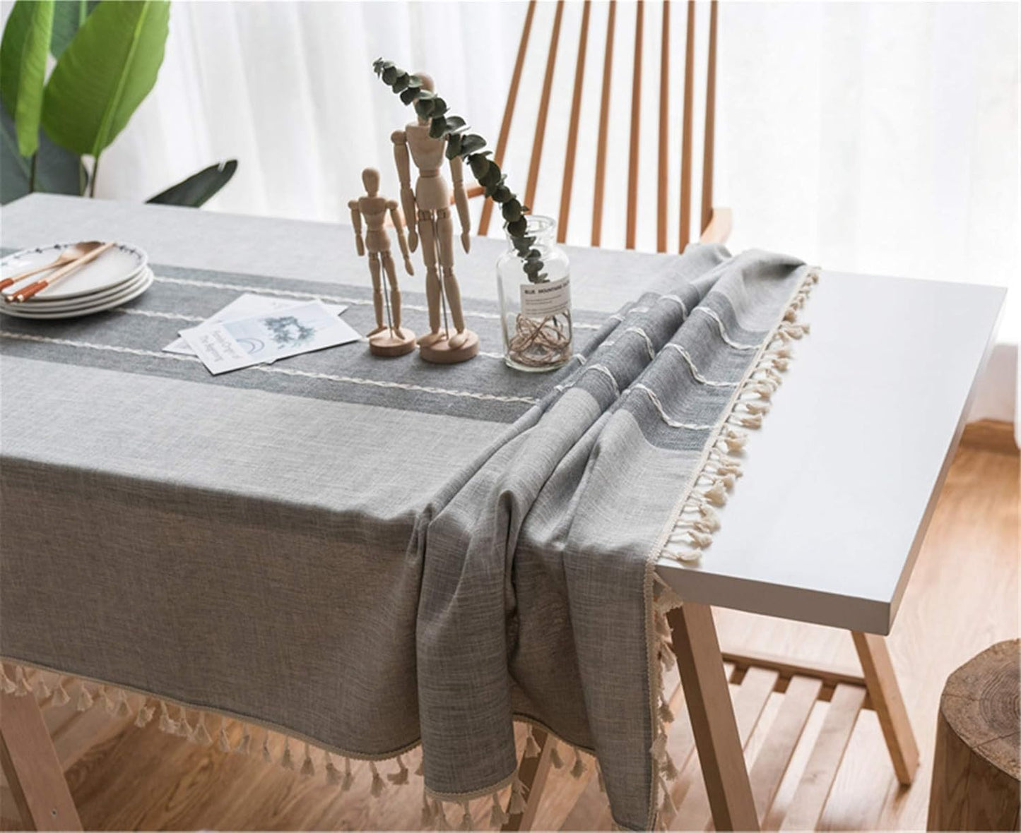 Cotton Linen Tablecloth, Tassel Stitching Table Cloth, Wrinkle Free Farmhouse Table Cover for Kitchen Dining, Party, Holiday (Rectangle, 55''x102'', 8-10 Seats, Gray)