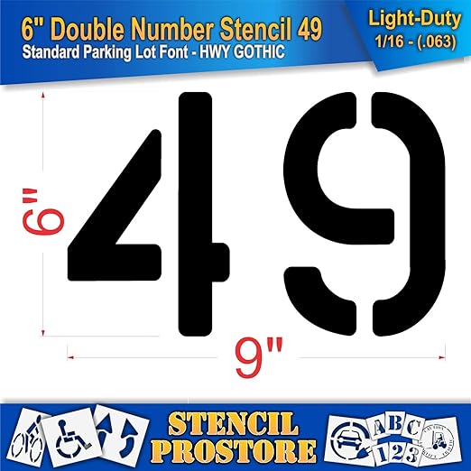 Pavement, Curb, and WheelStop Stencils - 6 inch Double Number Stencil - (49) - 6" x 9" x 1/16" (63 mil) - Light-Duty