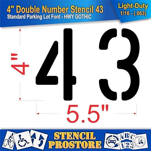 Pavement, Curb, and WheelStop Stencils - 4 inch Double Number Stencil - (43) - 4" x 5.5" x 1/16" (63 mil) - Light-Duty