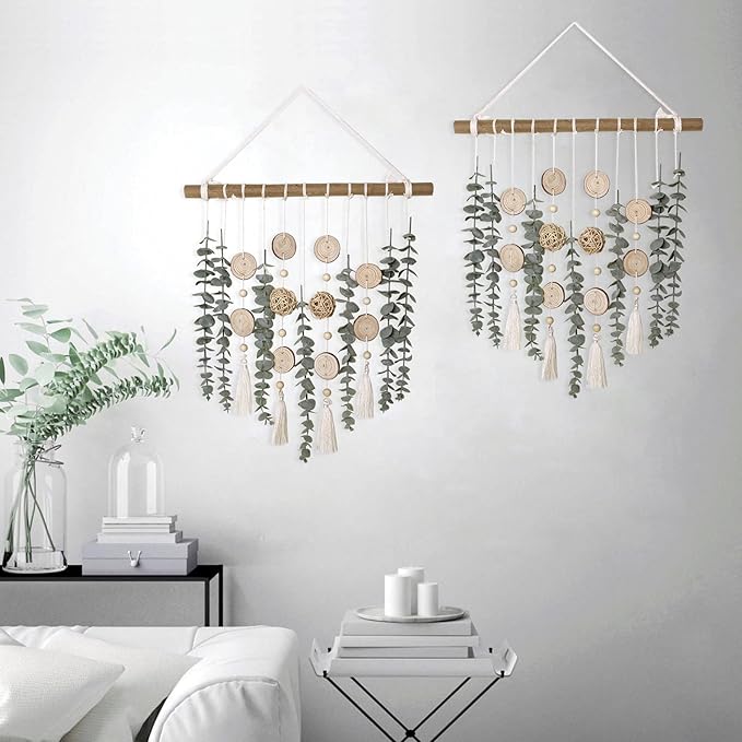 Bathroom Decor Artificial Eucalyptus Greenery Hanging Wall Decor Faux Eucalyptus Leaves Hanging Plant on Wooden Stick with Wicker Ball Rustic Farmhouse for Bedroom Nursery Boho Wall Decorations