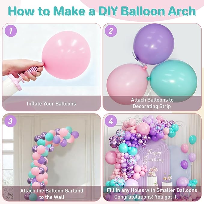 Mermaid Balloon Garland Arch Kit, 167Pcs Cotton Candy Pink Lavender Lilac Metallic Purple Teal Blue Latex Balloons for Women Girl Birthday Baby Shower Ocean Themed Party Decorations