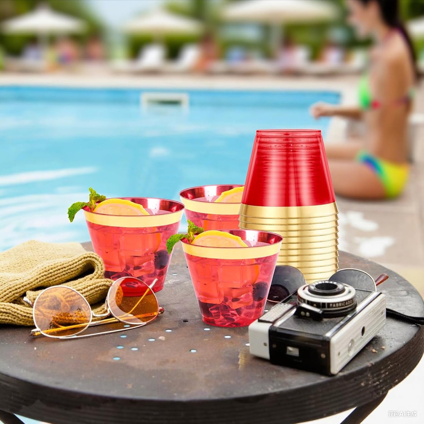 supernal 100 Pcs Red Cups, 9oz Red Plastic Cups with Gold Rim, Plastic Wine Cocktail Glasses Perfect for Party, Wedding and Birthday, Cute Cocktail Party Cup Disposable Wine Glasses