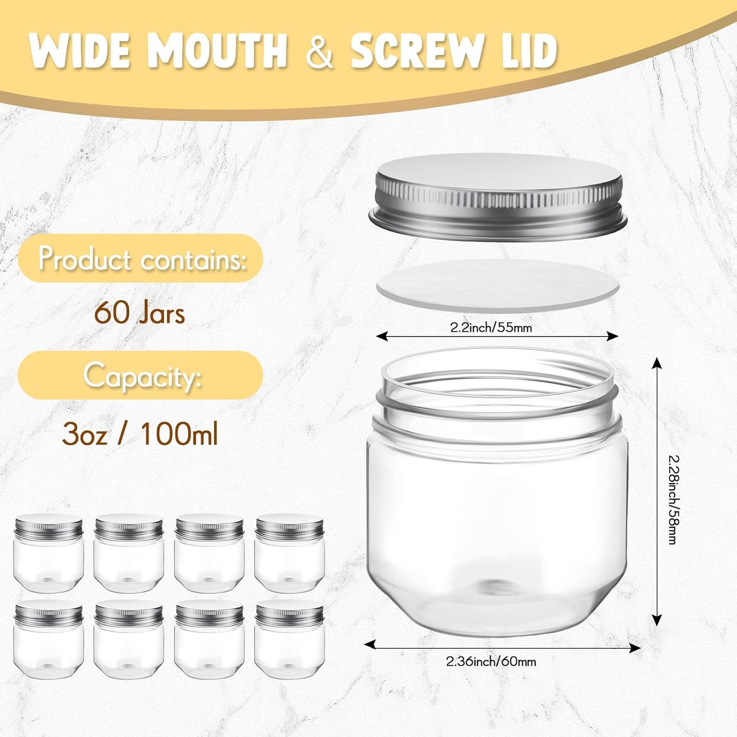 Tanlade 60 Pcs 3 oz Clear Plastic Jars with Lids Wide Mouth Mason Jars Mini Storage Containers Bulk for Herb Jelly Wedding Valentine Favors Shower Party Favors(Silver)