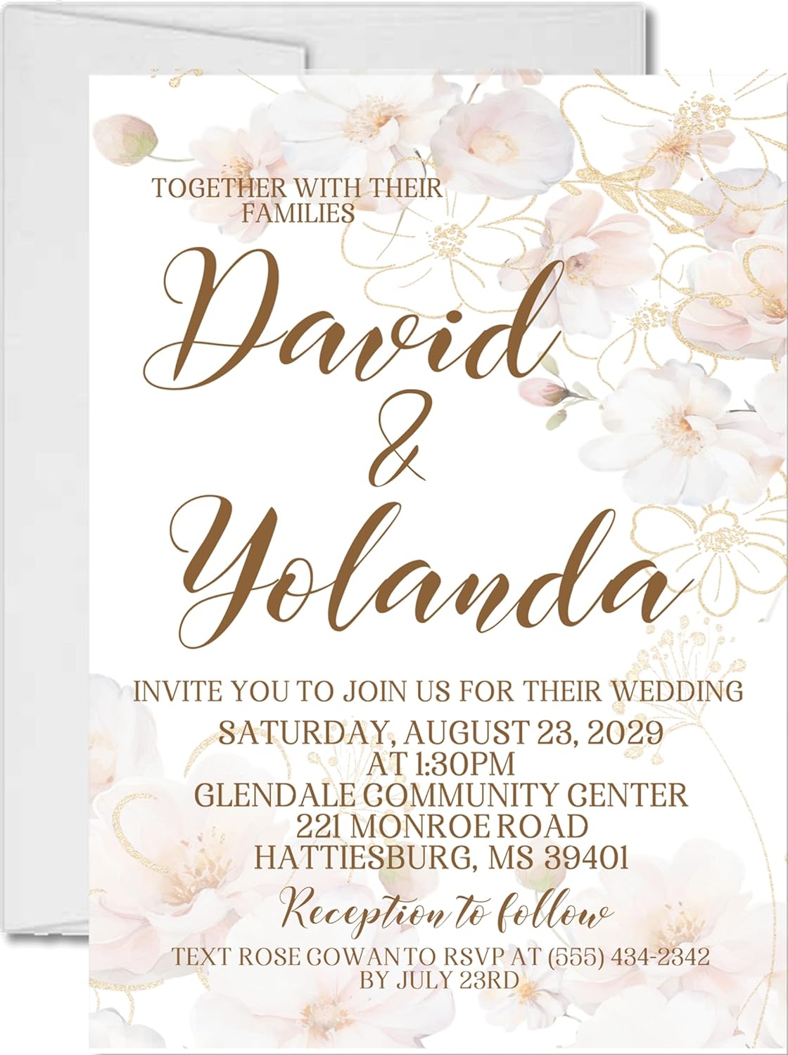Blush, White & Gold Wedding Invitations, Personalized, Set of 12 Invitations with Envelopes